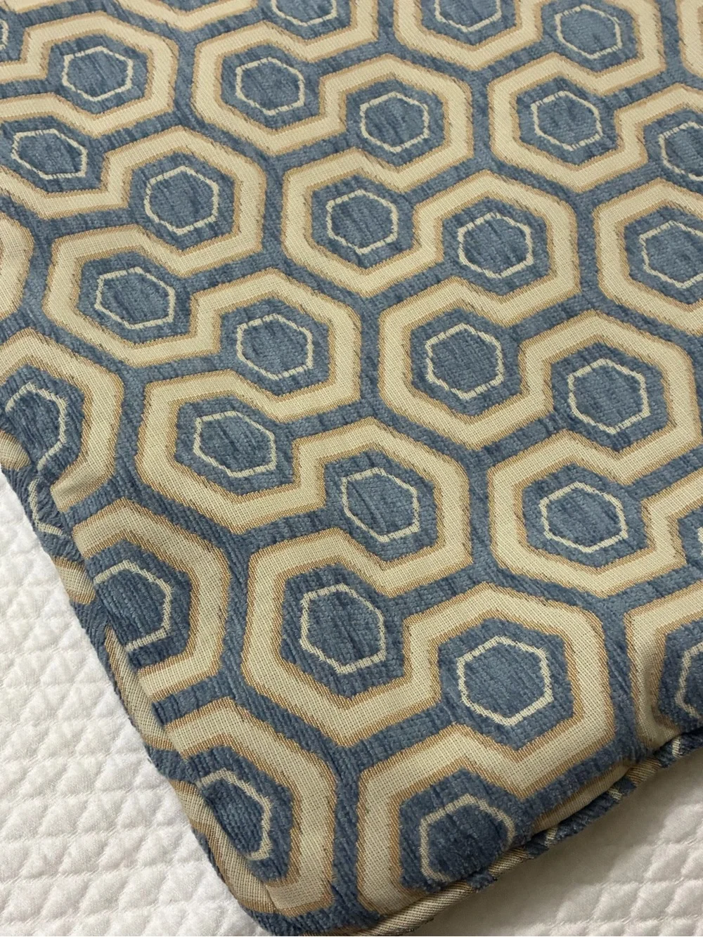 Handmade blue and beige geometric hexagon throw pillow cover 18 x 18“